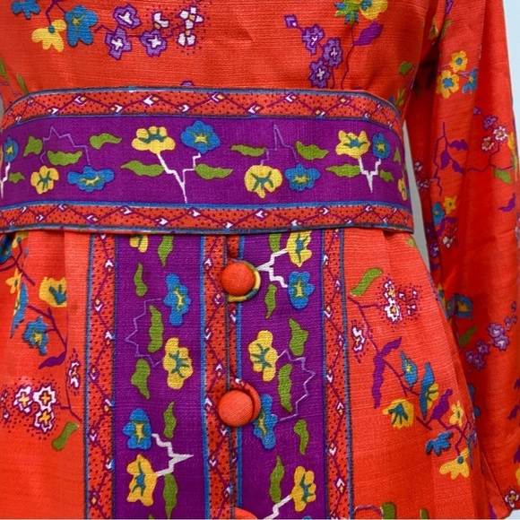 Size XS Orange Purple Vibrant Maxi Dress VTG 60s 70s Gogo Mod Boho Hippie Floral - Picture 4 of 16